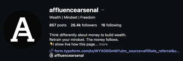 Instagram profile of @affluencearsenal showing 26.4K followers