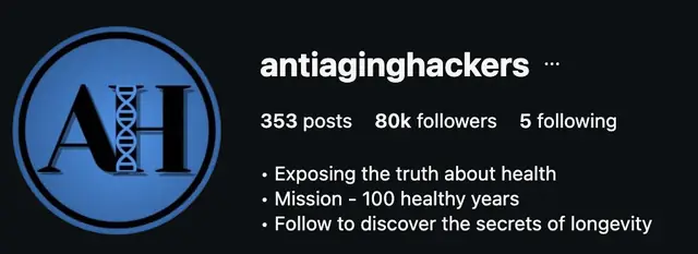 Instagram profile of @antiaginghackers showing 80K followers