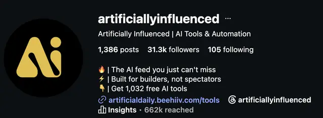 Instagram profile of @artificiallyinfluenced showing 31.3K followers