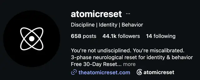 Instagram profile of @atomicreset showing 44.1K followers
