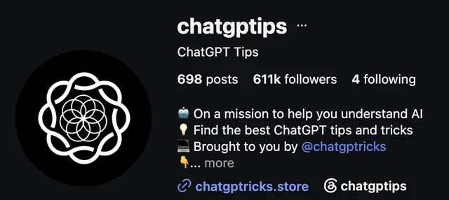 Instagram profile of @chatgptips showing 611K followers