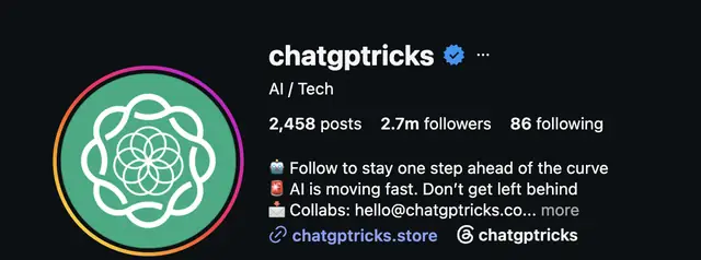 Instagram profile of @chatgptricks, a faceless page built with my method, 2.7M followers
