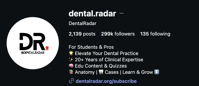 Instagram profile of @dental.radar showing 299K followers