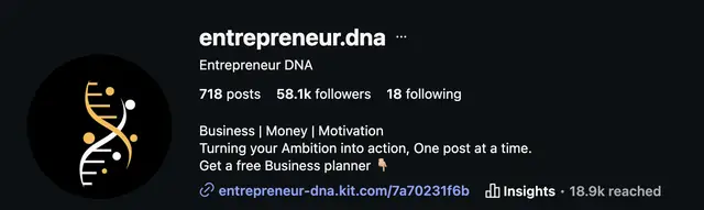 Instagram profile of @entrepreneur.dna showing 58.1K followers