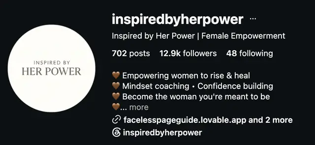Instagram profile of @inspiredbyherpower showing 12.9K followers