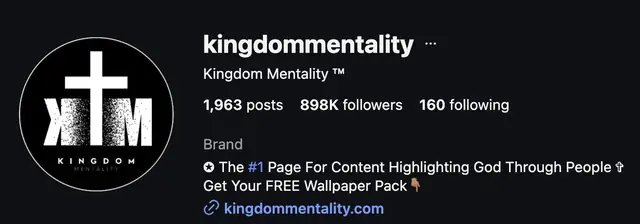 Instagram profile of @kingdommentality showing 898K followers