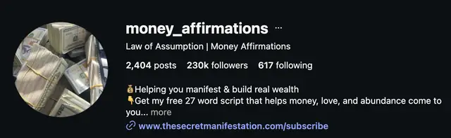 Instagram profile of @money_affirmations showing 230K followers