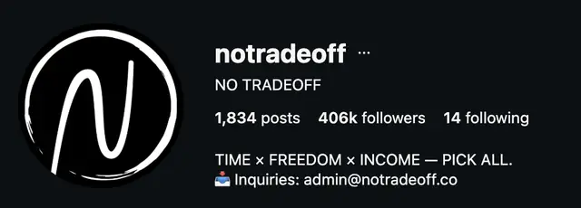 Instagram profile of @notradeoff showing 406K followers
