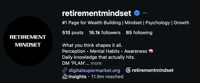 Instagram profile of @retirementmindset showing 16.1K followers