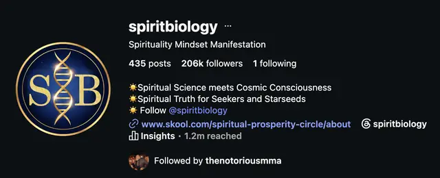 Instagram profile of @spiritbiology showing 206K followers