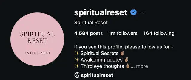 Instagram profile of @spiritualreset showing 1M followers