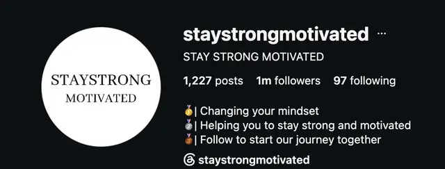 Instagram profile of @staystrongmotivated showing 1M followers