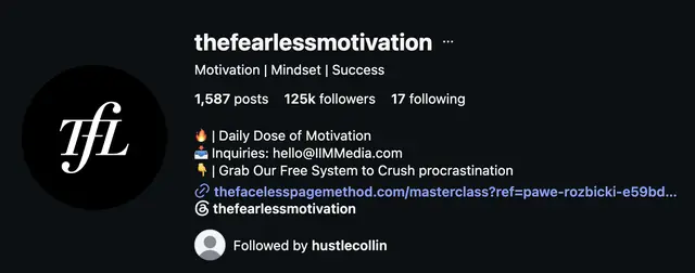 Instagram profile of @thefearlessmotivation showing 125K followers