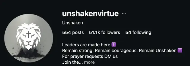 Instagram profile of @unshakenvirtue showing 51.1K followers