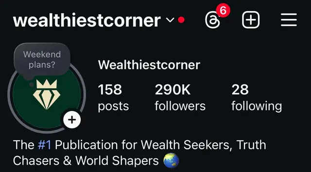 Instagram profile of @wealthiestcorner showing 290K followers