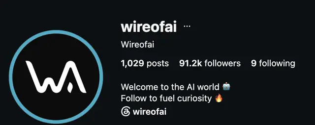 Instagram profile of @wireofai showing 91.2K followers