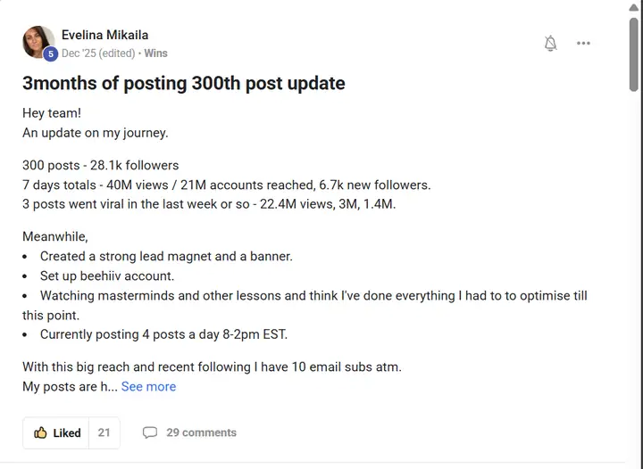Screenshot of the post by Evelina Mikaila
