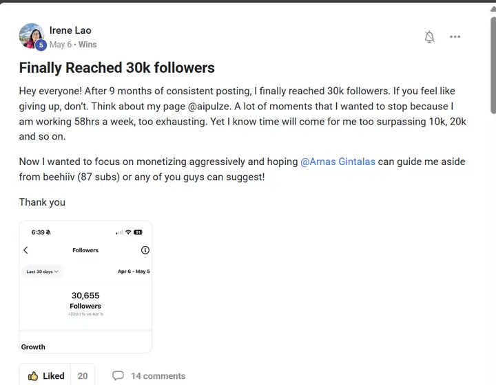 Screenshot of the post by Irene Lao